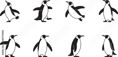 Set of penguin character illustrations in various dynamic poses. A black and white vector graphic collection of arctic birds in a simple, clean style.
