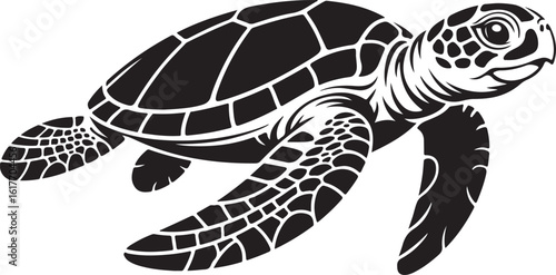 Graceful sea turtle in a bold black and white graphic style. A vector illustration suitable for a decal or print design, eps format.