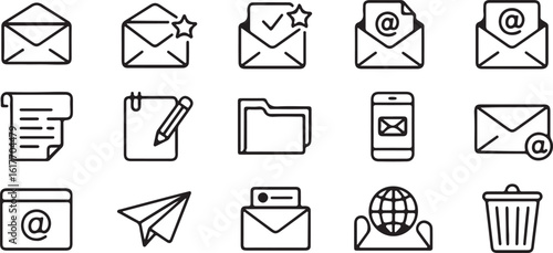 Email and communication line icon set. A collection of vector symbols including mail, message, folder, and send icons for web design.