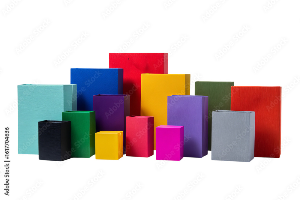 Obraz premium A pile of colorful gift boxes and shopping bags on a white isolated on a transparent background in PNG format.