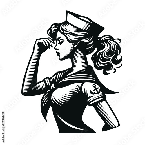 Illustration of a vintage-style woman in a sailor uniform, with a hat and anchor tattoo, in a black and white vector graphic.