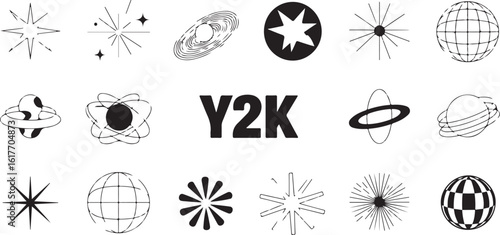 A collection of Y2K aesthetic vector icons. Set of retro futuristic graphic elements including stars, planets, and abstract shapes from the 2000s.