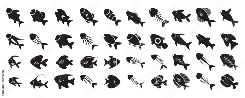 Fototapeta premium Silhouettes of Various Fish with Unique Designs and Bone Structures for Marine Illustrations