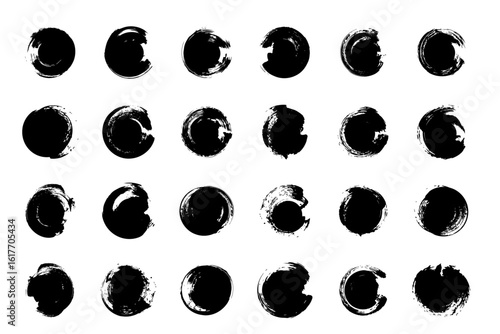 Set of grunge circle brush, dirty grungy ellipse shape. hand drawn artistic acrylic brush shape, rough texture background