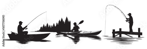 Black Silhouettes of People Fishing and Kayaking in Nature for Water Sport Illustrations