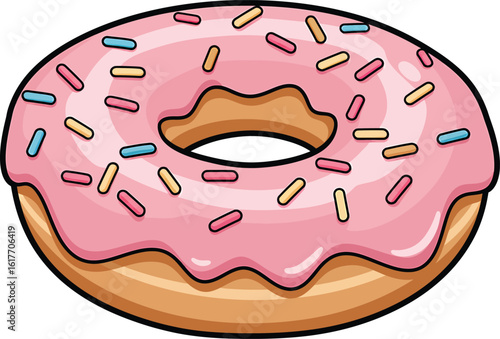 A cartoon illustration of a pink donut with sprinkles, a sweet and delicious baked treat isolated on white background