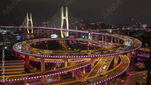 Night view of Shanghai Nanpu Bridge Spiral Approach
