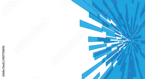 Abstract geometric burst of blue shapes expanding outward into space representing digital data flow and connectivity concepts