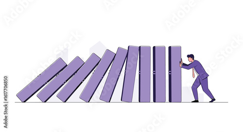 Businessman stopping the falling dominoes chain reaction with his hands showing teamwork and risk management concept
