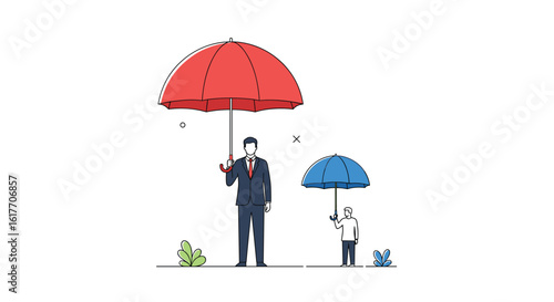 Business professionals protected under large and small umbrellas on a white background showcasing diverse coverage and personal space concepts