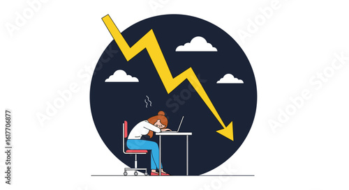 Illustrating the harsh reality of financial decline and economic downturn affecting a person working on a laptop