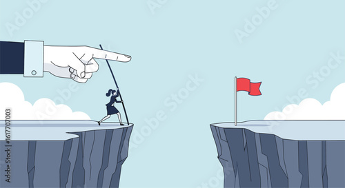 Assistance from a large hand helps a determined person cross a dangerous chasm to reach their goal represented by a flag