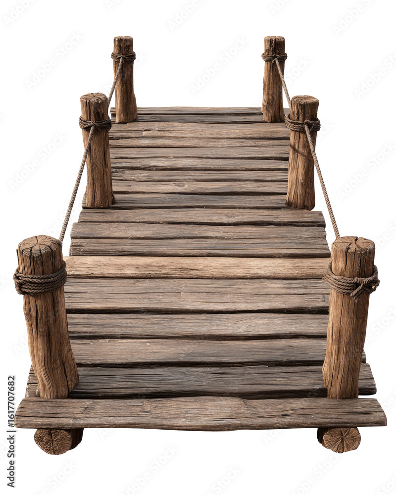 Obraz premium Wooden pier bridge, top-down view. Simple, rustic design. Plank decking, wooden posts, secured with ropes. Dark, natural wood tones