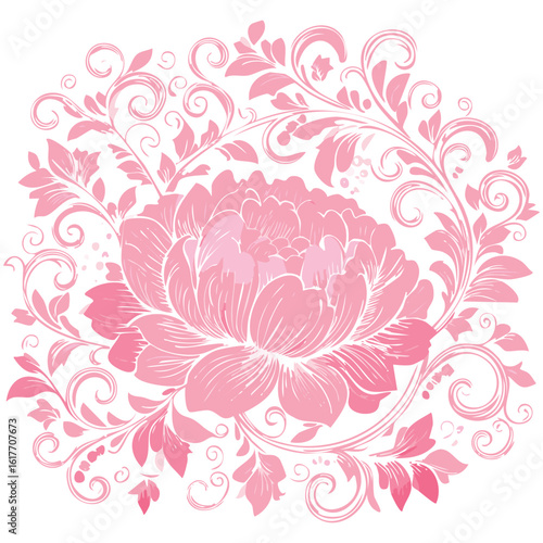 A delicate seamless repeat pattern featuring fine pink line art of blooming peonies