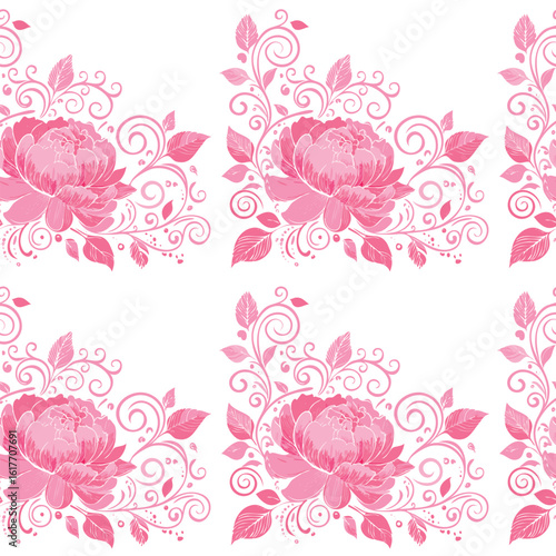 A delicate seamless repeat pattern featuring fine pink line art of blooming peonies