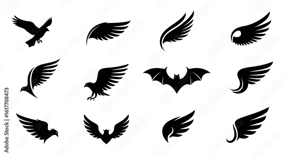 Diverse Wing Collection: A dynamic collection of varied stylized wings, from soaring eagle and bat silhouette, capturing a sense of freedom and flight. Diverse Wing Collection: A dynamic collection of varied stylized wings, from soaring eagle and bat silhouette, capturing a sense of freedom and flight.