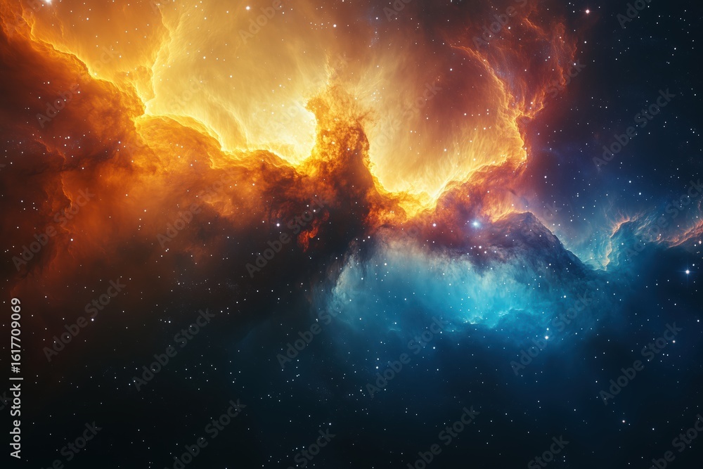 Fototapeta premium Vibrant cosmic nebula illuminates deep space with swirling orange and blue gas clouds and sparkling stars for celestial astronomy exploration