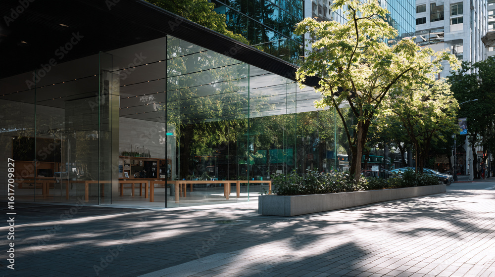Modern glass café building sits under tree in urban setting Modern glass café building sits under tree in urban setting