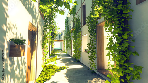 Sunny alleyway with lush greenery.  Sunlight streams through the overgrown  plants.  Whitewashed buildings line both sides of the walkway, adorned with potted plants