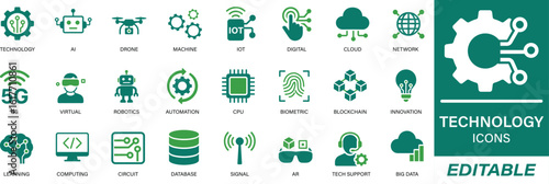 Technology icon set with clean editable style. Includes icons for AI, cloud, digital devices, 5G, IoT, drone, CPU, network, and more. Ideal for tech companies, apps, websites, and presentations.