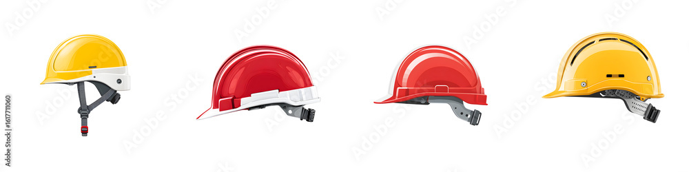 Fototapeta premium Collection of Colorful Safety Helmets Isolated on White Background