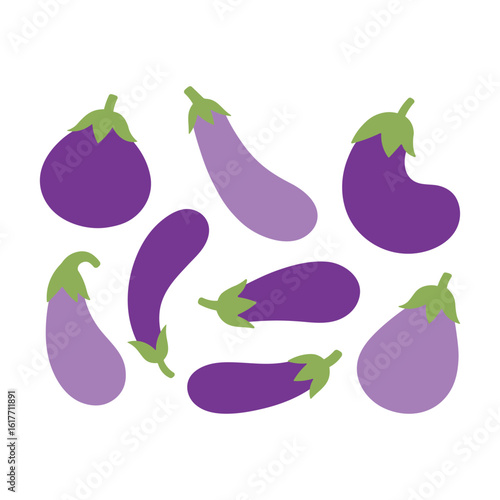 Flat vector illustration of different eggplant shapes. Purple and violet aubergines with green stems isolated on white. Minimal, modern design for healthy food, vegan, or farming themes.
