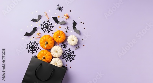 Halloween treat bag spilling out pumpkins spiderwebs and bats
