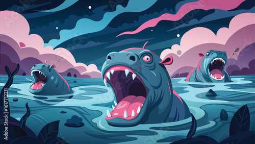 Three hippos roaring in a dark moody water scene