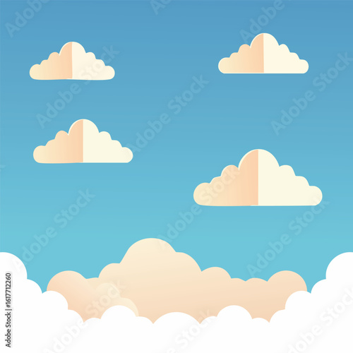 Minimal flat background of a clear blue sky with soft, stylized white clouds. Simple vector art of a peaceful skyscape with a gentle gradient.