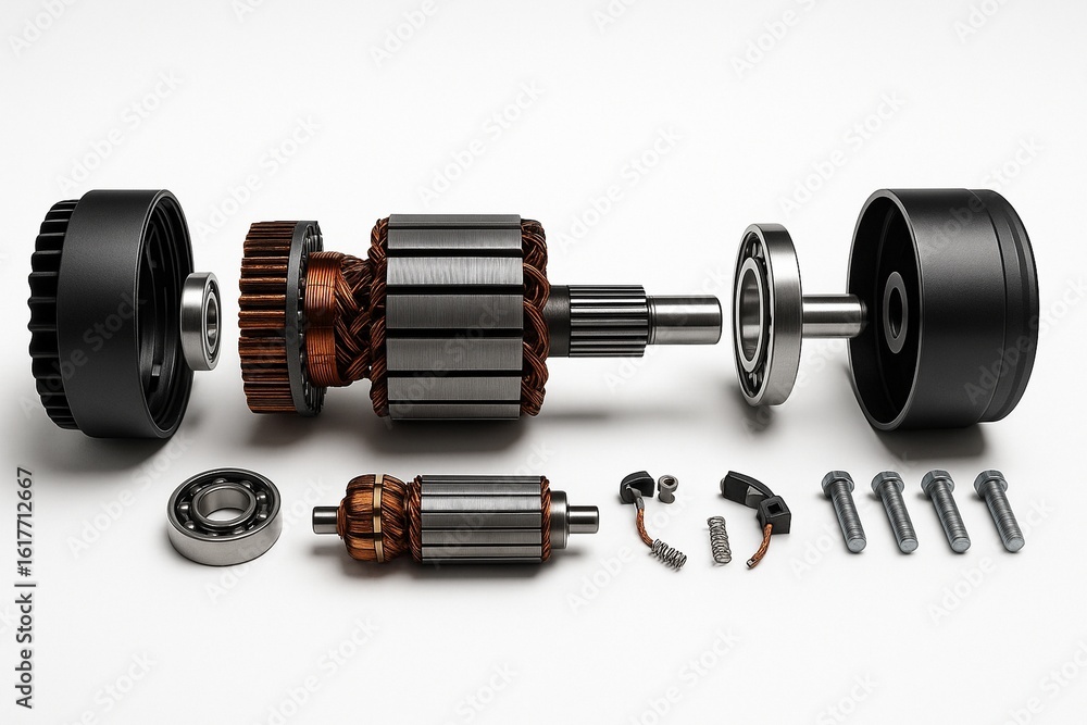 Fototapeta premium Vista explodida de motor elétrico com rotor e estator e componentes de montagem isolados em fundo branco
