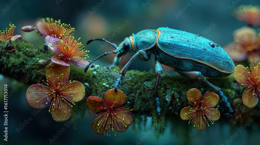Fototapeta premium Vivid Blue Beetle Among Flowers in Nature