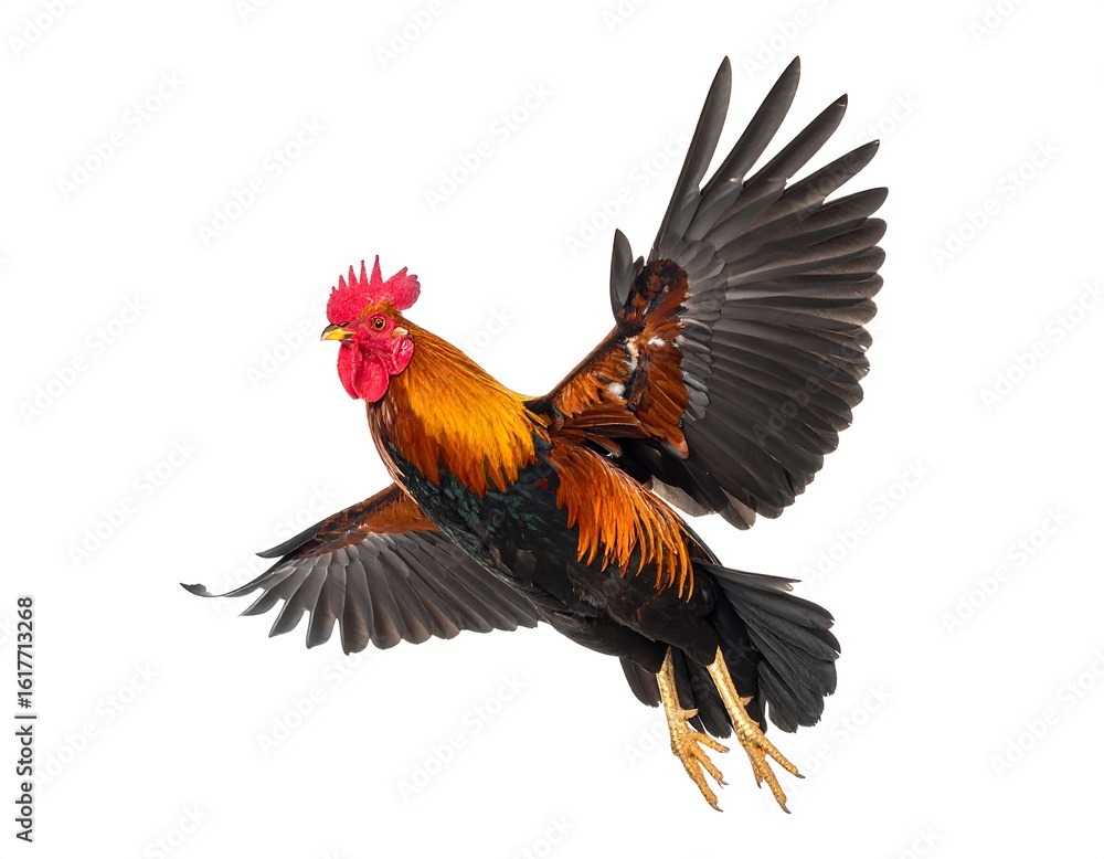Obraz premium Rooster in flight against a white background
