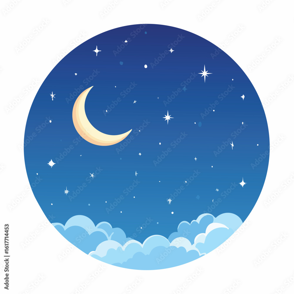 Naklejka premium Vector illustration of a cartoon night sky with a crescent moon, twinkling stars, and fluffy clouds in a circular frame. Flat design background.
