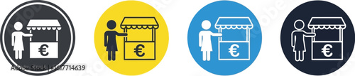 Person at euro currency market stall icon set for commerce and finance