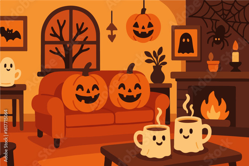 Cozy halloween living room with pumpkins on the sofa and steaming mugs by the fireplace