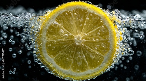 Lemon slice in water with bubbles