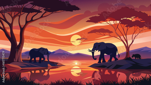 African elephants at sunset by the water
