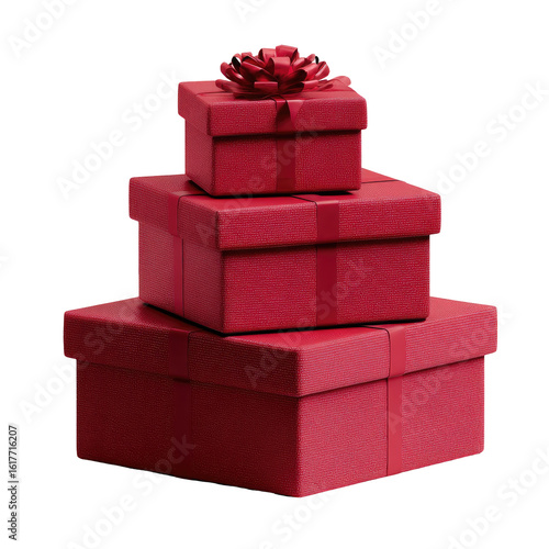 Three stacked, vibrant crimson gift boxes, each adorned with a matching ribbon bow