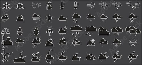  Weather vector icon set.The set contains icons: Sun, Moon, Cloud, Winter, Summer, Rain, Snow, Blizzard, Umbrella, Snowflake, Sunrise, Wind.For Website And Application Design