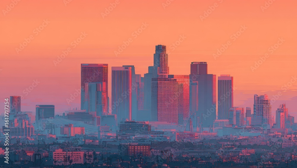 Fototapeta premium Sunset cityscape, hazy, warm tones, skyscrapers