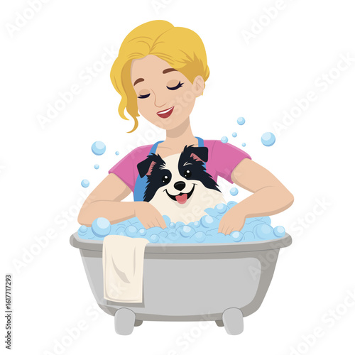 Vector illustration of a woman joyfully bathing her dog in a tub filled with bubbles. The scene depicts a relaxed and cheerful moment during pet grooming, highlighting care and happiness