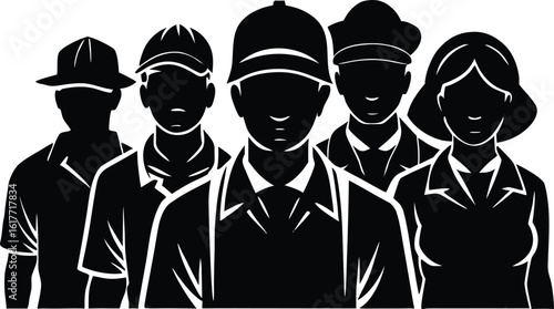 Diverse workforce team of professionals depicted in a bold black and white silhouette showcasing unity and skilled occupations