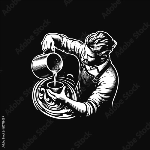 Monochrome barista pouring liquid from a pitcher into a cup with decorative swirl.