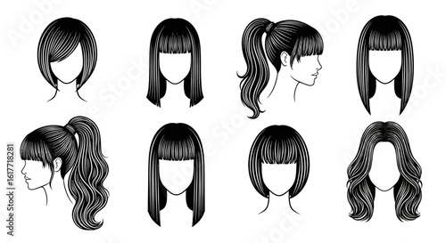 Collection of eight different black and white hairstyles with bangs and various lengths and styles