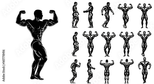 Silhouette illustrations of bodybuilders in various poses showcasing muscular physique and strength