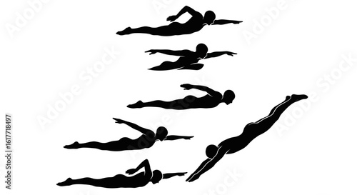 Black silhouettes depicting different swimming strokes and diving on a white background design art