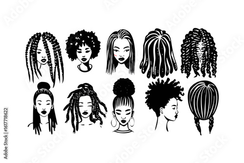 Abstract minimalist line art illustrations of diverse hairstyles on black background