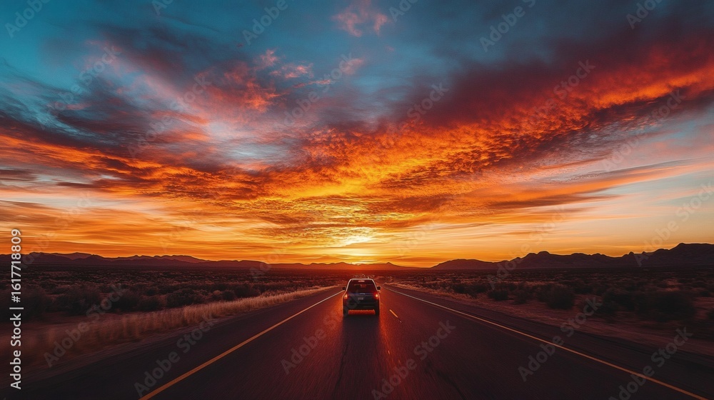 Naklejka premium A car travels a highway at sunrise through a colorful sky.