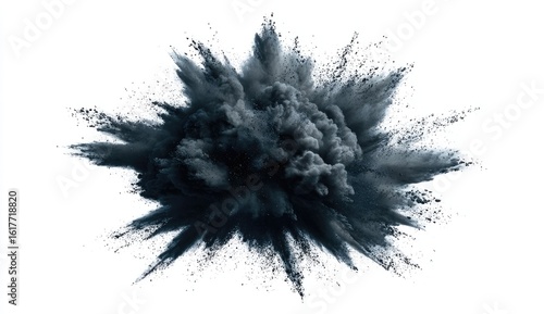 Dark gray powder explosion on white background