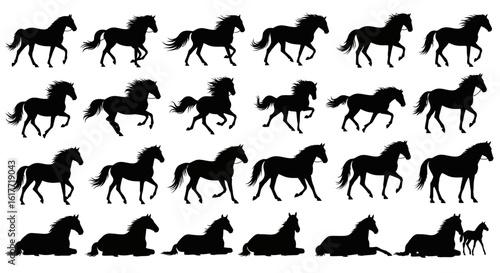 A collection of horse silhouettes in various poses including running standing and lying down on white